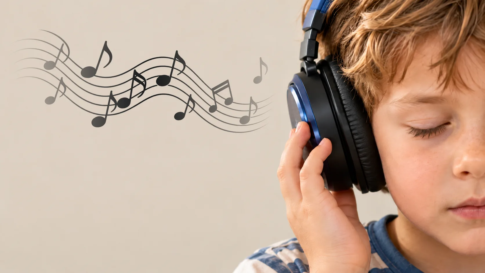 Berniukas su ausinėmis užmerktomis akimis klausosi muzikos